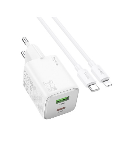 HOCO Chargeur secteur USB A + Type C + Câble Type C vers Lightning PD QC 3A 20W N41 blanc