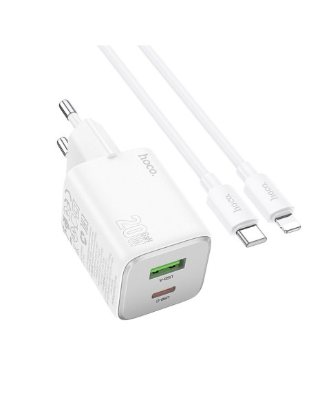 HOCO Chargeur secteur USB A + Type C + Câble Type C vers Lightning PD QC 3A 20W N41 blanc