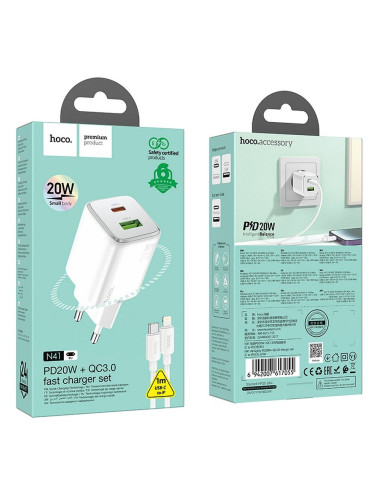 HOCO Chargeur secteur USB A + Type C + Câble Type C vers Lightning PD QC 3A 20W N41 blanc