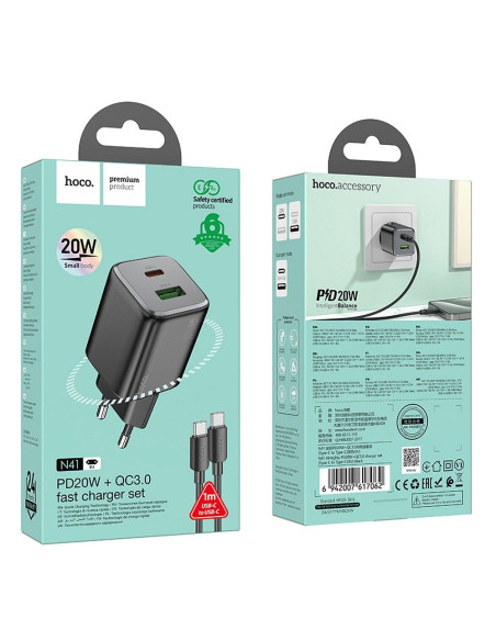 Chargeur secteur HOCO USB A + Type C + câble Type C vers Type C PD QC 3A 20W N41 noir