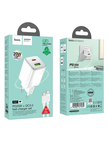 HOCO Chargeur secteur USB A + Type C + câble Type C vers Type C PD QC 3A 20W N41 blanc
