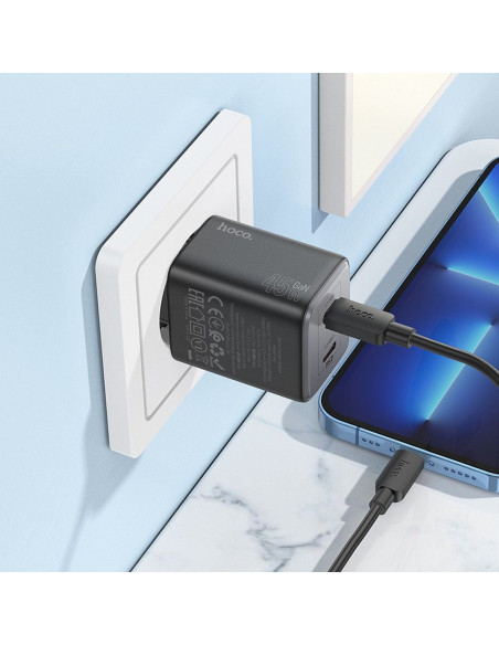 Chargeur HOCO 2 x Type C PD QC 45W GaN N42 noir