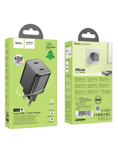 Chargeur HOCO 2 x Type C PD QC 45W GaN N42 noir