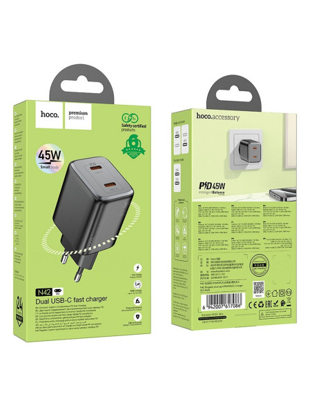 Chargeur HOCO 2 x Type C PD QC 45W GaN N42 noir