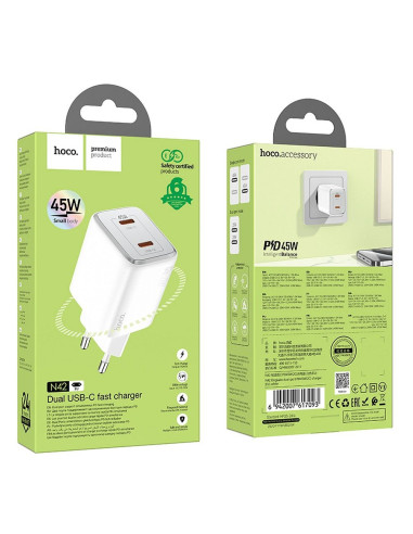 Chargeur HOCO 2 x Type C PD QC 45W GaN N42 blanc