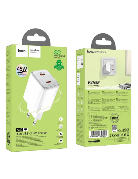 Chargeur HOCO 2 x Type C PD QC 45W GaN N42 blanc