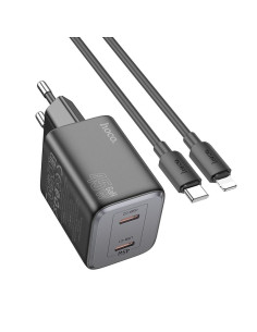 Chargeur HOCO 2 x Type C + Câble Lightning PD QC 45W GaN N42 noir