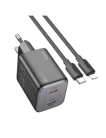 Chargeur HOCO 2 x Type C + Câble Lightning PD QC 45W GaN N42 noir
