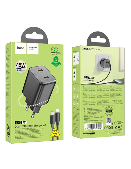Chargeur HOCO 2 x Type C + Câble Lightning PD QC 45W GaN N42 noir