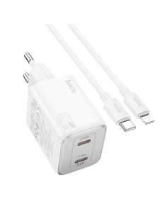 Chargeur secteur HOCO 2 x Type C + Câble Lightning PD QC 45W GaN N42 blanc