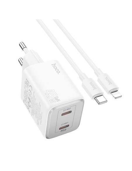 Chargeur secteur HOCO 2 x Type C + Câble Lightning PD QC 45W GaN N42 blanc