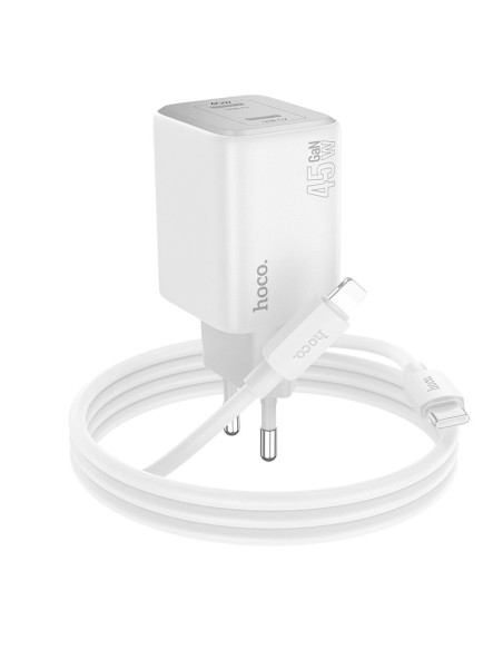 Chargeur secteur HOCO 2 x Type C + Câble Lightning PD QC 45W GaN N42 blanc