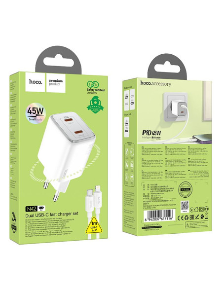 Chargeur secteur HOCO 2 x Type C + Câble Lightning PD QC 45W GaN N42 blanc