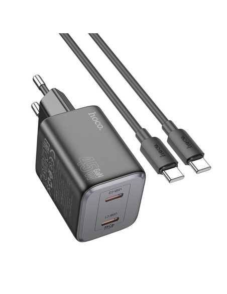 Chargeur HOCO 2 x Type C + Type C vers Type C PD QC cable 45W GaN N42 noir