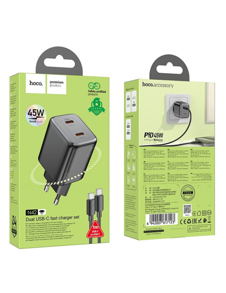 Chargeur HOCO 2 x Type C + Type C vers Type C PD QC cable 45W GaN N42 noir