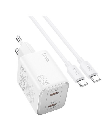 Chargeur HOCO 2 x Type C + Type C vers Type C PD QC cable 45W GaN N42 blanc