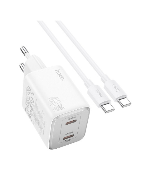 Chargeur HOCO 2 x Type C + Type C vers Type C PD QC cable 45W GaN N42 blanc
