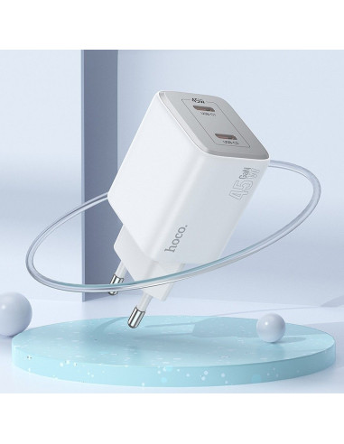 Chargeur HOCO 2 x Type C + Type C vers Type C PD QC cable 45W GaN N42 blanc
