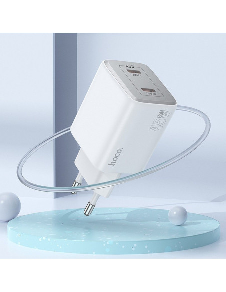 Chargeur HOCO 2 x Type C + Type C vers Type C PD QC cable 45W GaN N42 blanc