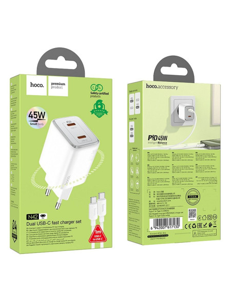 Chargeur HOCO 2 x Type C + Type C vers Type C PD QC cable 45W GaN N42 blanc