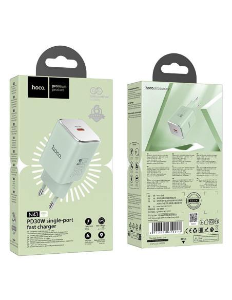 Chargeur HOCO Type C PD QC 30W GaN N43 vert