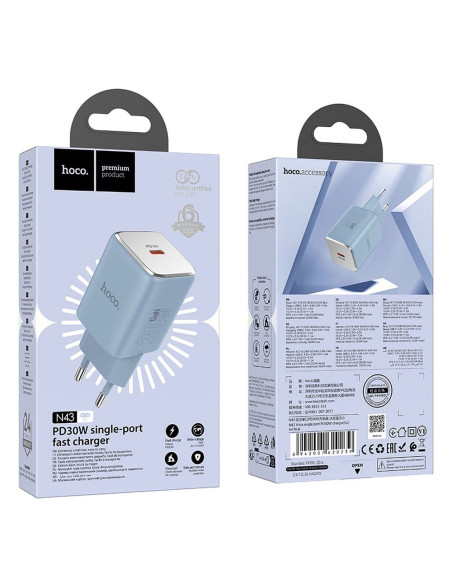 Chargeur HOCO Type C PD QC 30W GaN N43 bleu