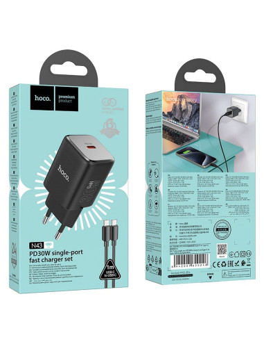 Chargeur HOCO Type C + câble Type C vers Type C PD QC 30W GaN N43 noir