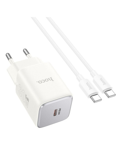 Chargeur HOCO Type C + câble Type C vers Type C PD QC 30W GaN N43 blanc