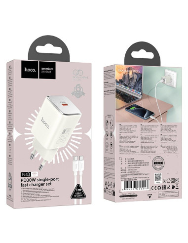 Chargeur HOCO Type C + câble Type C vers Type C PD QC 30W GaN N43 blanc