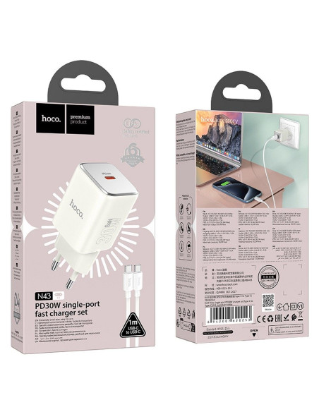 Chargeur HOCO Type C + câble Type C vers Type C PD QC 30W GaN N43 blanc