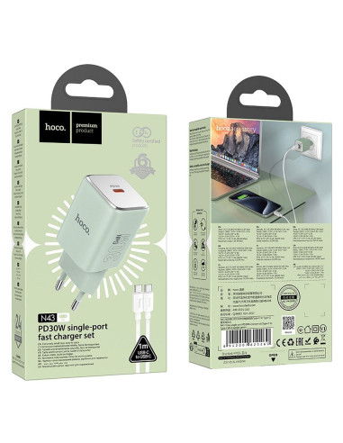 Chargeur HOCO Type C + câble Type C vers Type C PD QC 30W GaN N43 vert