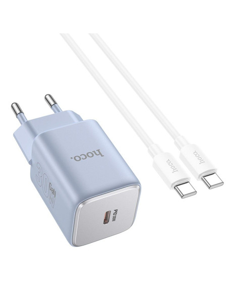 Chargeur HOCO Type C + câble Type C vers Type C PD QC 30W GaN N43 bleu