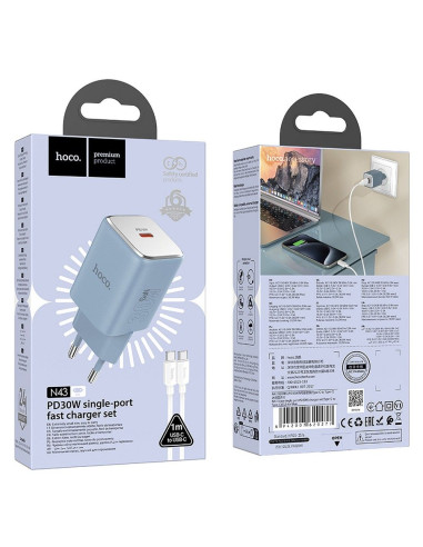 Chargeur HOCO Type C + câble Type C vers Type C PD QC 30W GaN N43 bleu