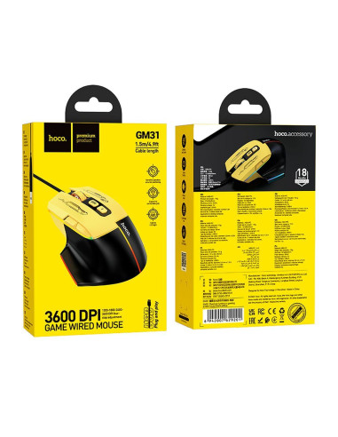 HOCO gaming wire USB A computer mouse 3600DPI black yellow