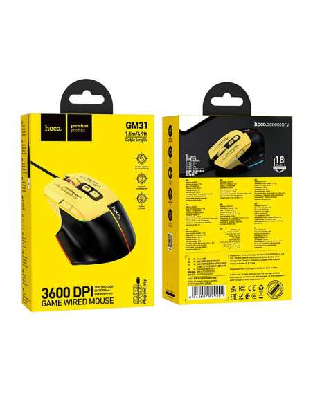 HOCO gaming wire USB A computer mouse 3600DPI black yellow