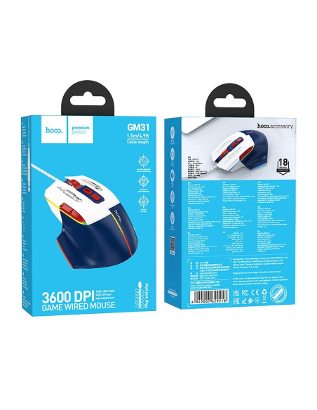 HOCO gaming wire USB A computer mouse 3600DPI white blue