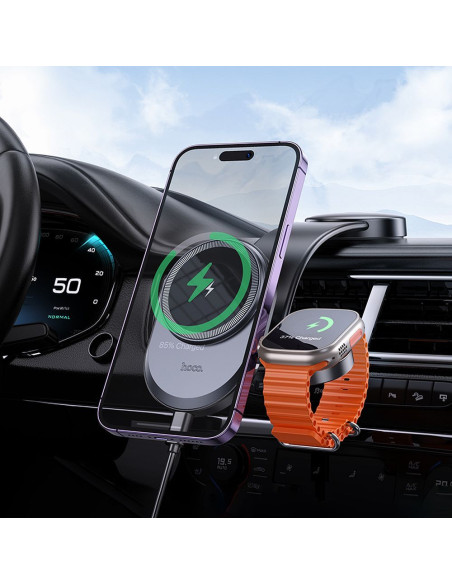HOCO car holder with wireless charging 2in1 for center console compatible with Apple Watch 15W HW28 black gray