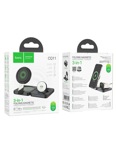 HOCO foldable wireless chrger 3in1 compatible with Apple Watch 15W CQ11 black