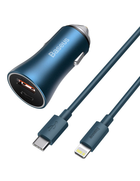 BASEUS chargeur de voiture USB A + Type C + câble Type C vers Ligthning PD QC4.0 3A 40W TZCCJD-03 bleu