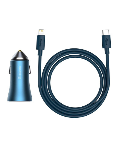 BASEUS chargeur de voiture USB A + Type C + câble Type C vers Ligthning PD QC4.0 3A 40W TZCCJD-03 bleu