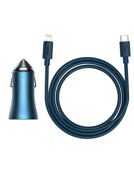 BASEUS chargeur de voiture USB A + Type C + câble Type C vers Ligthning PD QC4.0 3A 40W TZCCJD-03 bleu