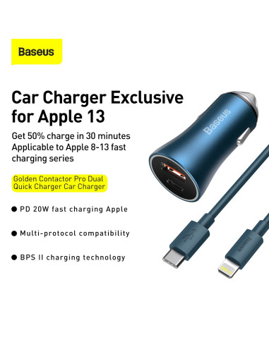 BASEUS chargeur de voiture USB A + Type C + câble Type C vers Ligthning PD QC4.0 3A 40W TZCCJD-03 bleu