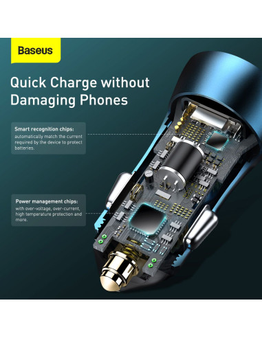 BASEUS chargeur de voiture USB A + Type C + câble Type C vers Ligthning PD QC4.0 3A 40W TZCCJD-03 bleu