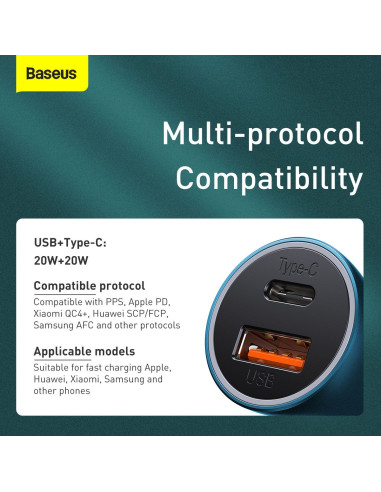 BASEUS chargeur de voiture USB A + Type C + câble Type C vers Ligthning PD QC4.0 3A 40W TZCCJD-03 bleu