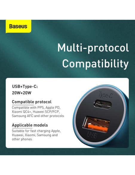BASEUS chargeur de voiture USB A + Type C + câble Type C vers Ligthning PD QC4.0 3A 40W TZCCJD-03 bleu