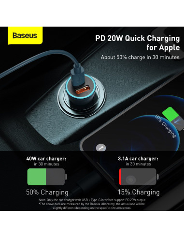 BASEUS chargeur de voiture USB A + Type C + câble Type C vers Ligthning PD QC4.0 3A 40W TZCCJD-03 bleu