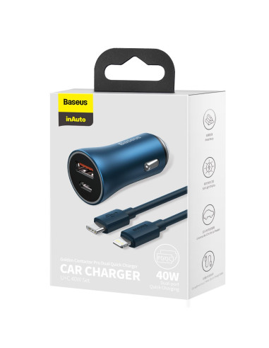 BASEUS chargeur de voiture USB A + Type C + câble Type C vers Ligthning PD QC4.0 3A 40W TZCCJD-03 bleu