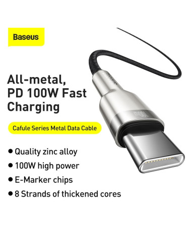 BASEUS cable Type C pour Type C PD100W Power Delivery Cafule Metal Cable CATJK-D01 2m noir