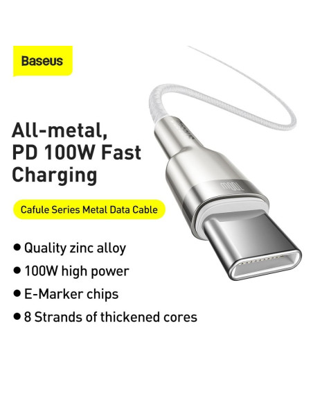 BASEUS cable Type C pour Type C PD100W Power Delivery Cafule Metal Cable CATJK-D02 2 m blanc