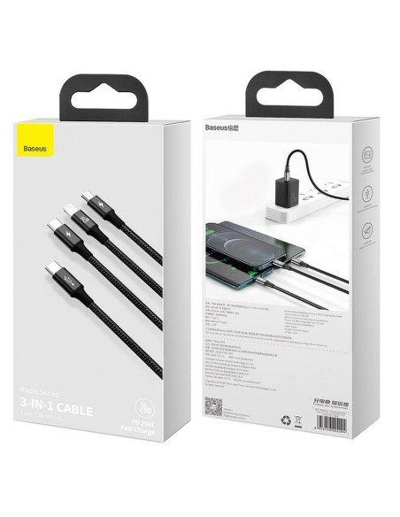 BASEUS Câble 3-en-1 Type C vers Micro USB / Lightning / Type C 20W CAMLT-SC01 1.5 m noir